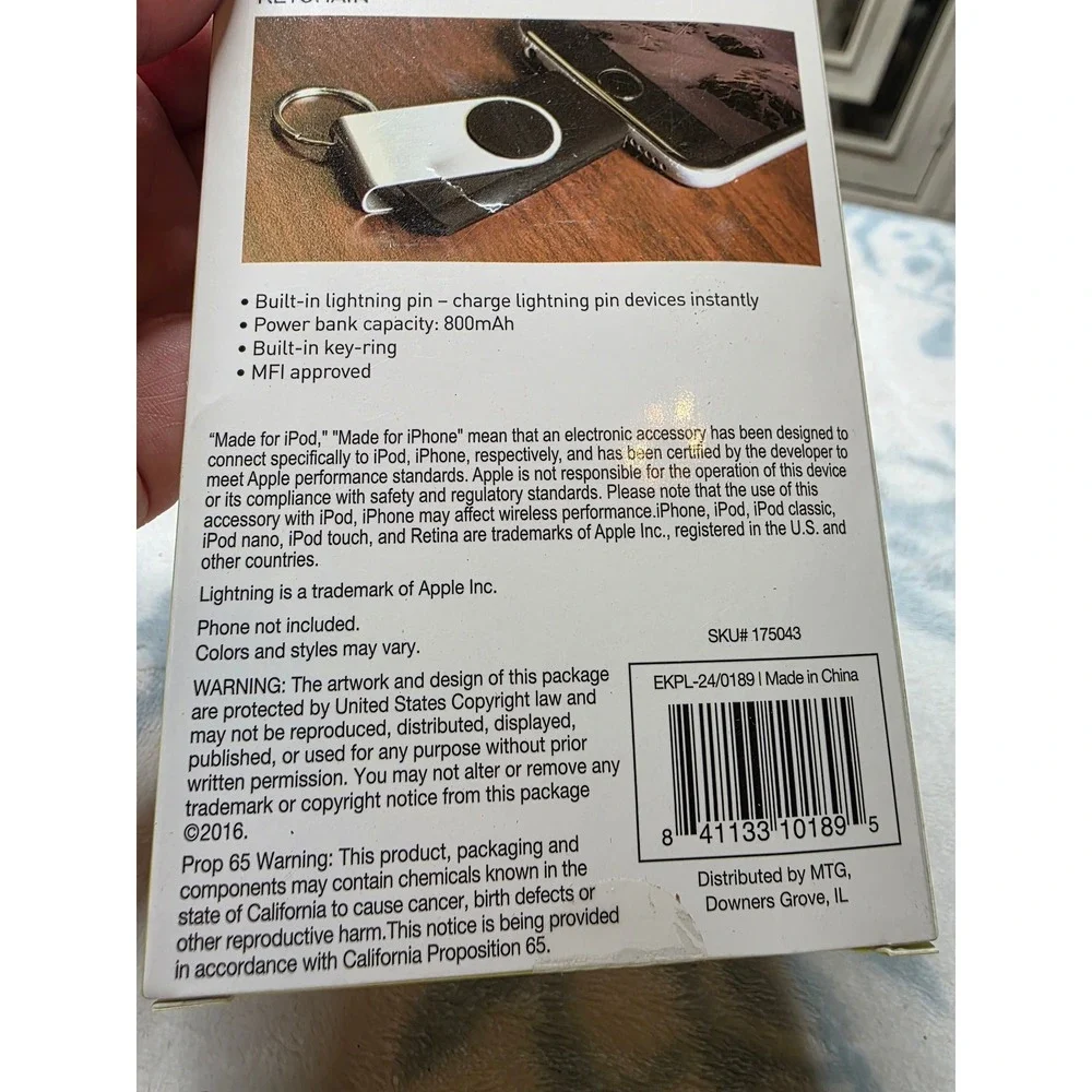 PowerXcel‎ Emergency Lightning Powerbank Keychain 800mAh MFI Apple iPhone iPod